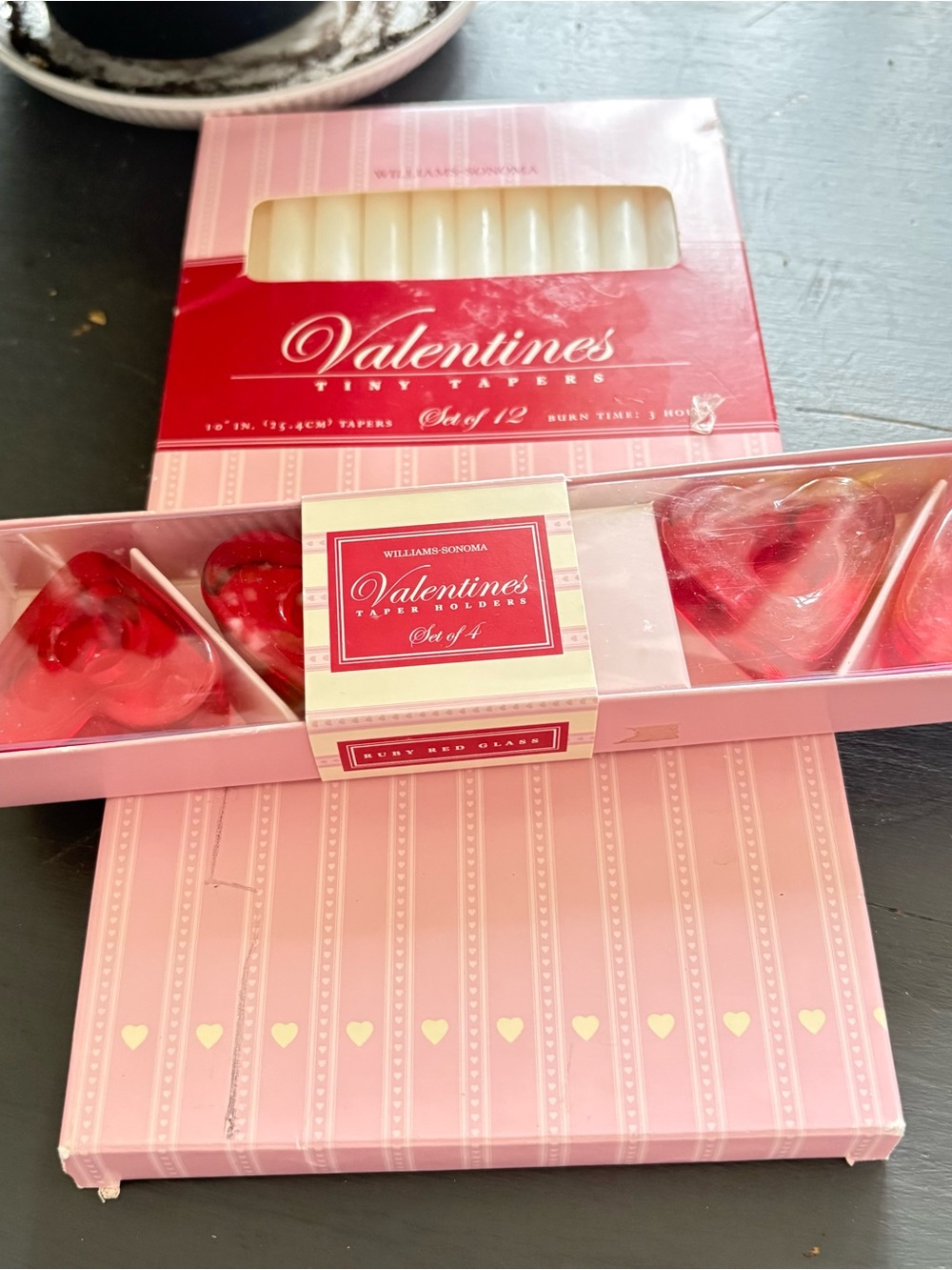 Williams Sonoma Pink Valentine Candle Holders and white tapered candles